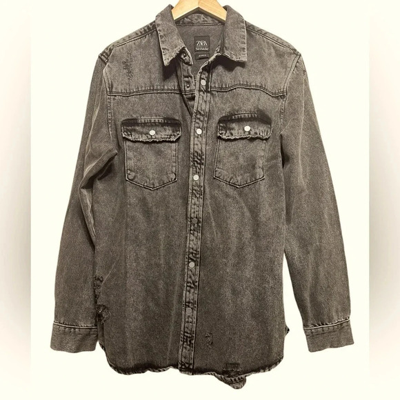 Zara Men’s distressed black Denim button down Overshirt. Size XL - Picture 1 of 7